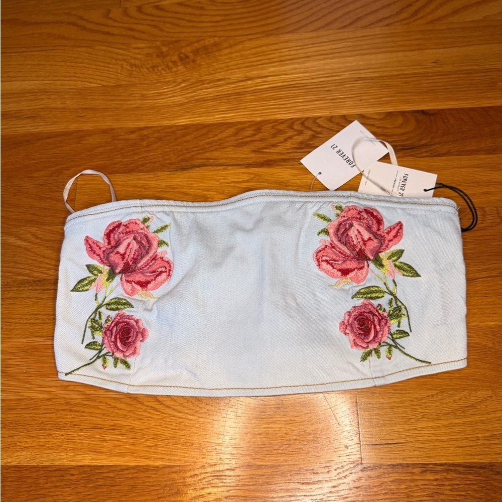 Forever 21 Floral Embroidered Denim Corset Tube Top Strapless Coquette Size M